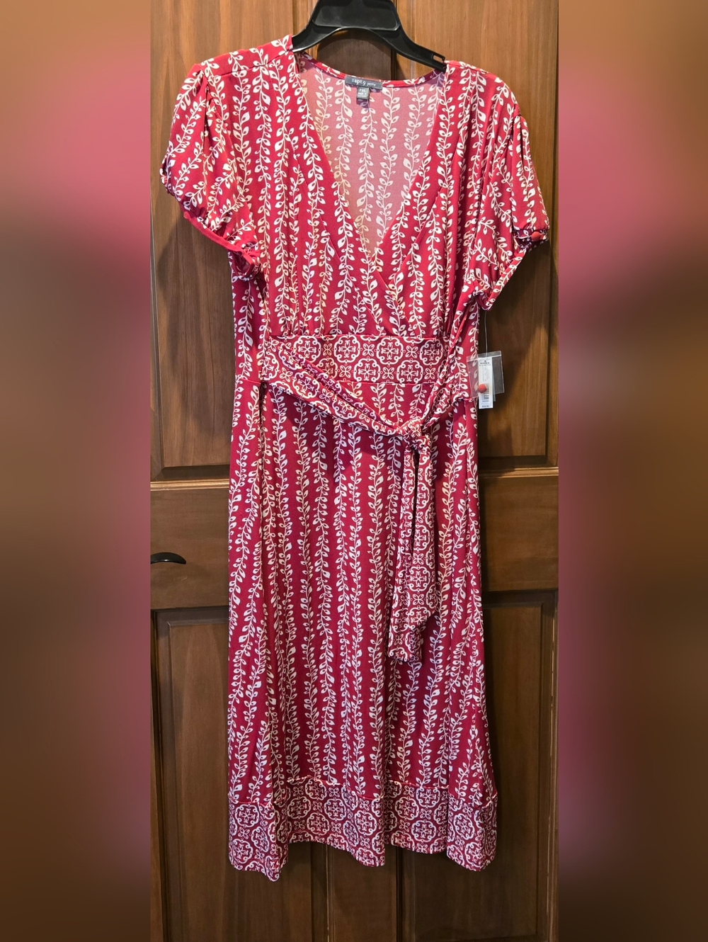 Apt. 9 Red and White Printed Midi Wrap Dress with Tie Waist